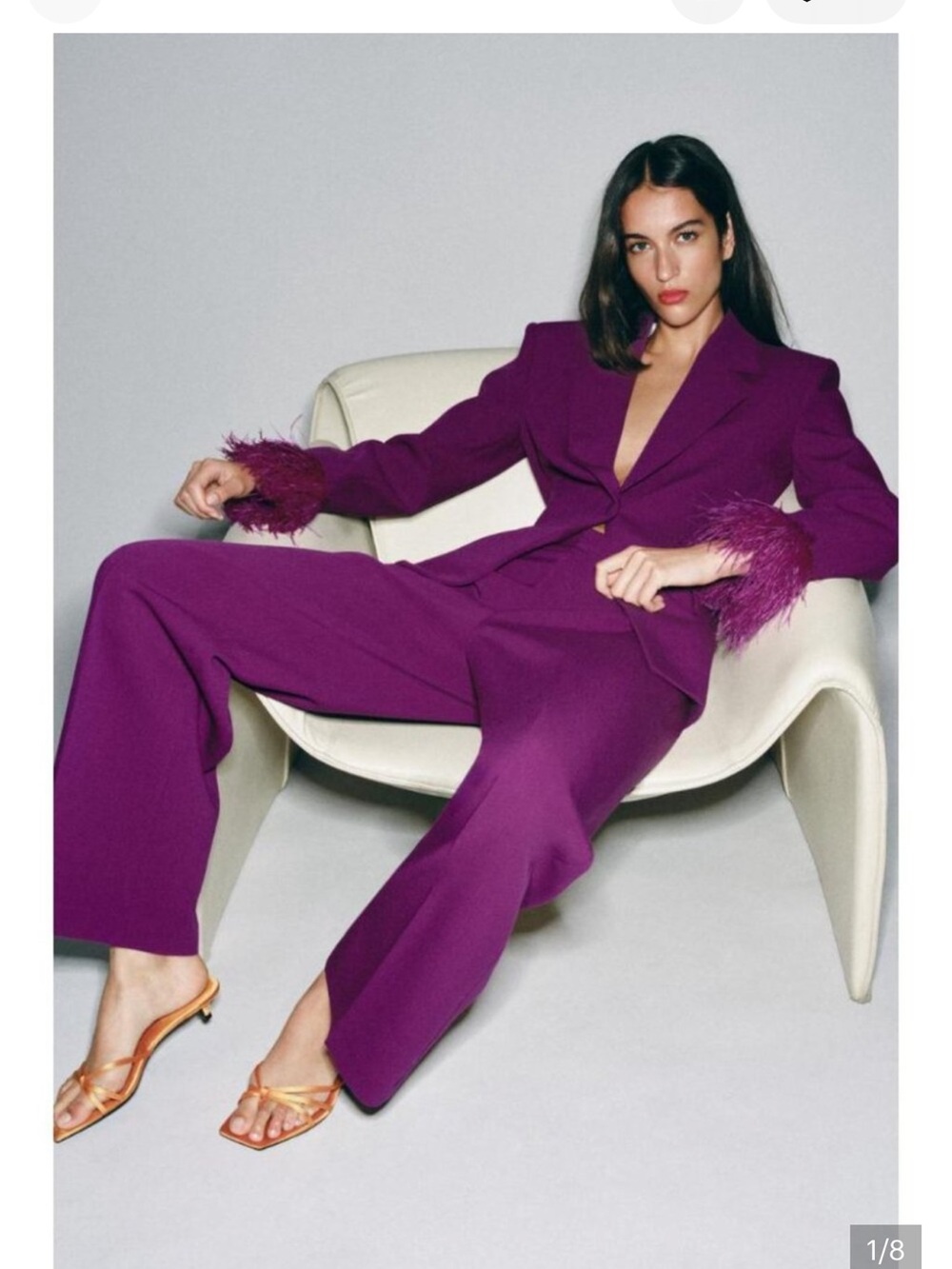 Zara Fuchsia Feather-Cuff Single-Button Blazer & pants set